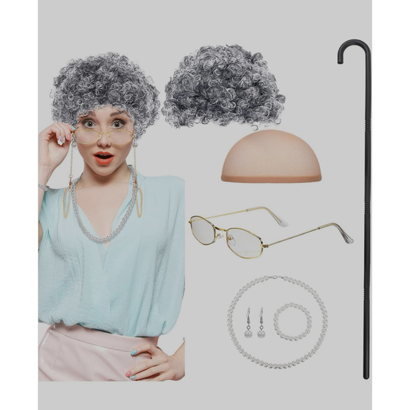 Old Lady Cosplay Grandma gray wig cane glasses chain necklace 100th day school.. - Picture 11 of 12